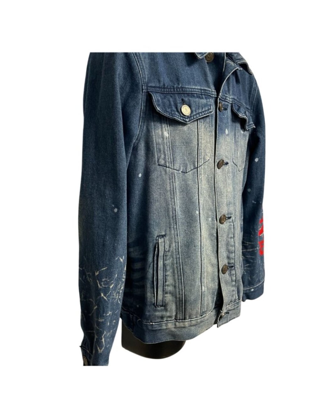 Reason Denim Jean Jacket Distressed Bleached Print Graphics Size Medium - Picture 3 of 9